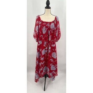 Tommy Hilfiger Floral Red Off Shoulder Dress Size 20W Sheer Sleeves